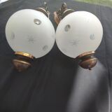 SCONCES BALL 1 pair of frosted glass with engraved stars and polished rounds
