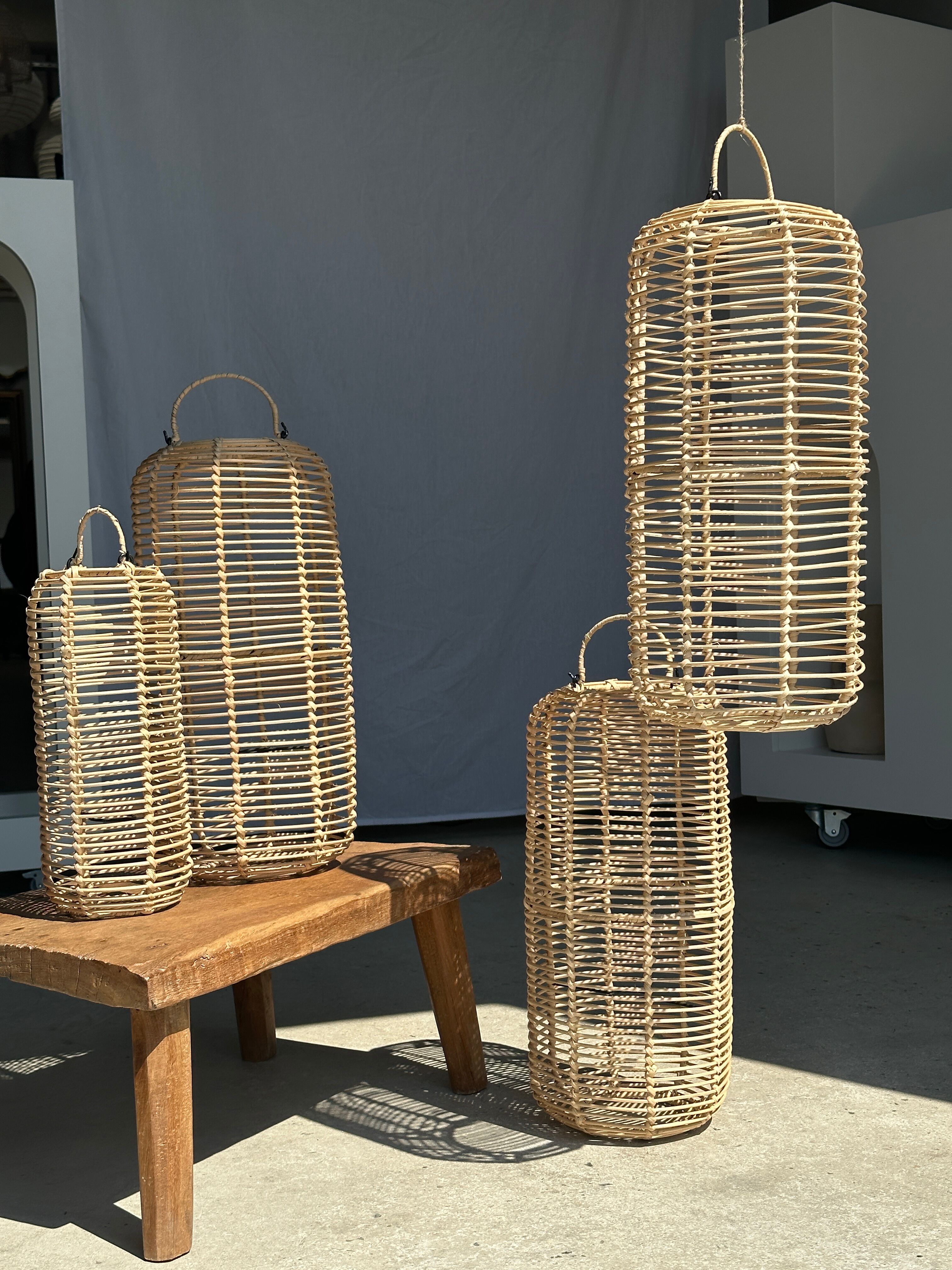 Large lantern-shaped rattan pendant lamp H50 D24