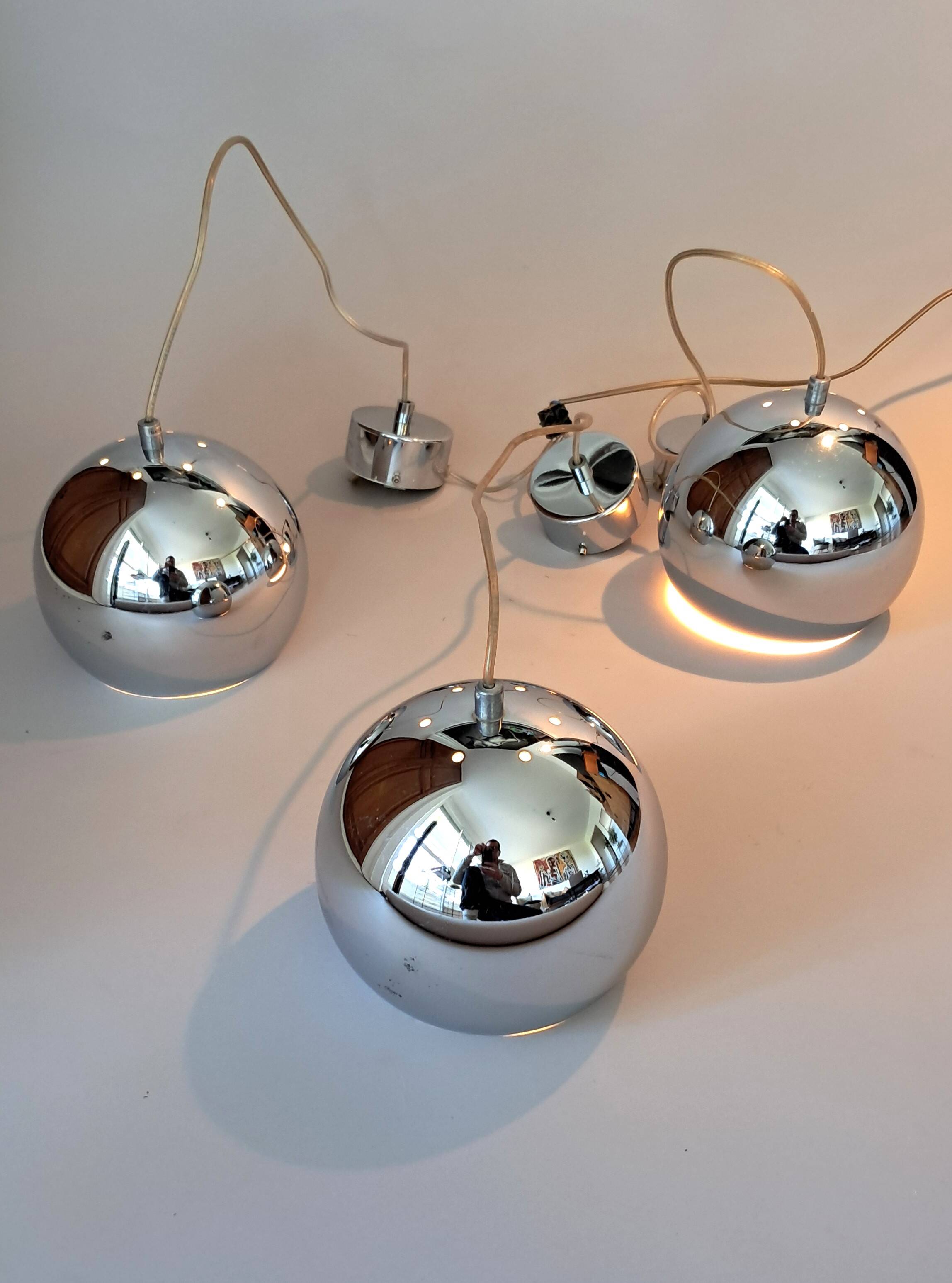Set of 3 Benny Frandsen modular chrome pendant lights, Denmark 1970/80