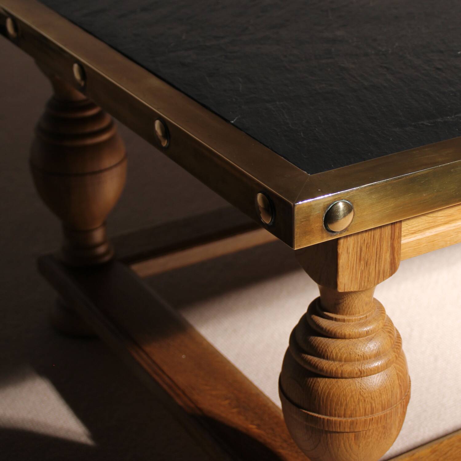 Rustic Coffee Table in Slate, Brass and Solid Oak | Germany 1970s