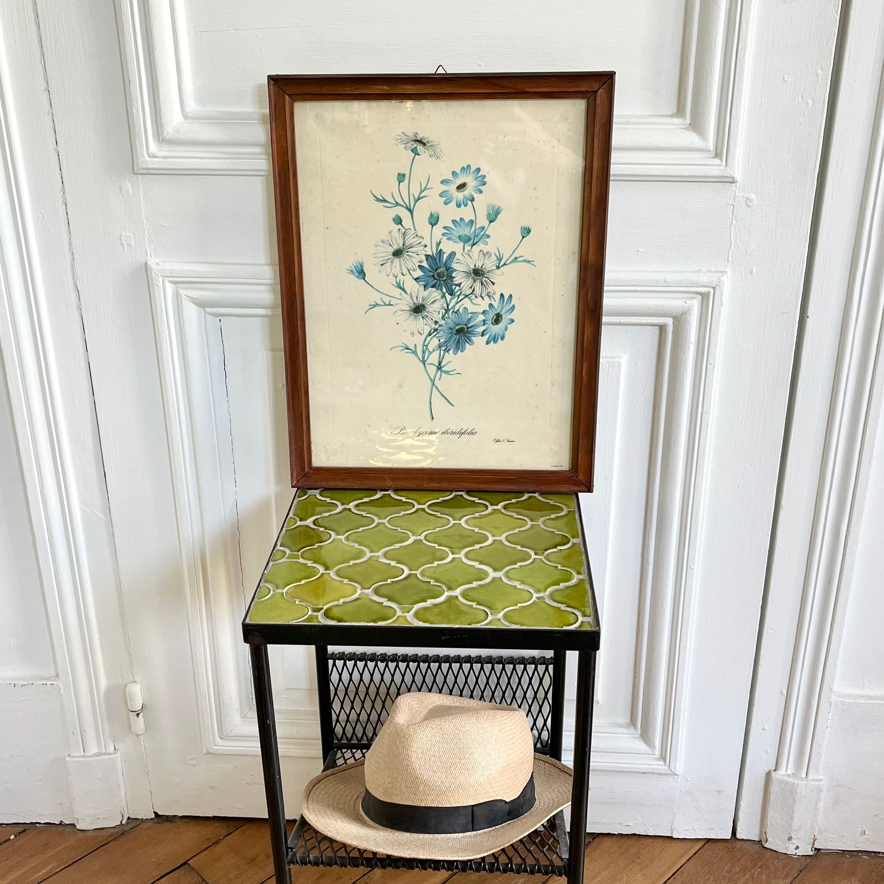 Vintage botanical board frame with blue flowers