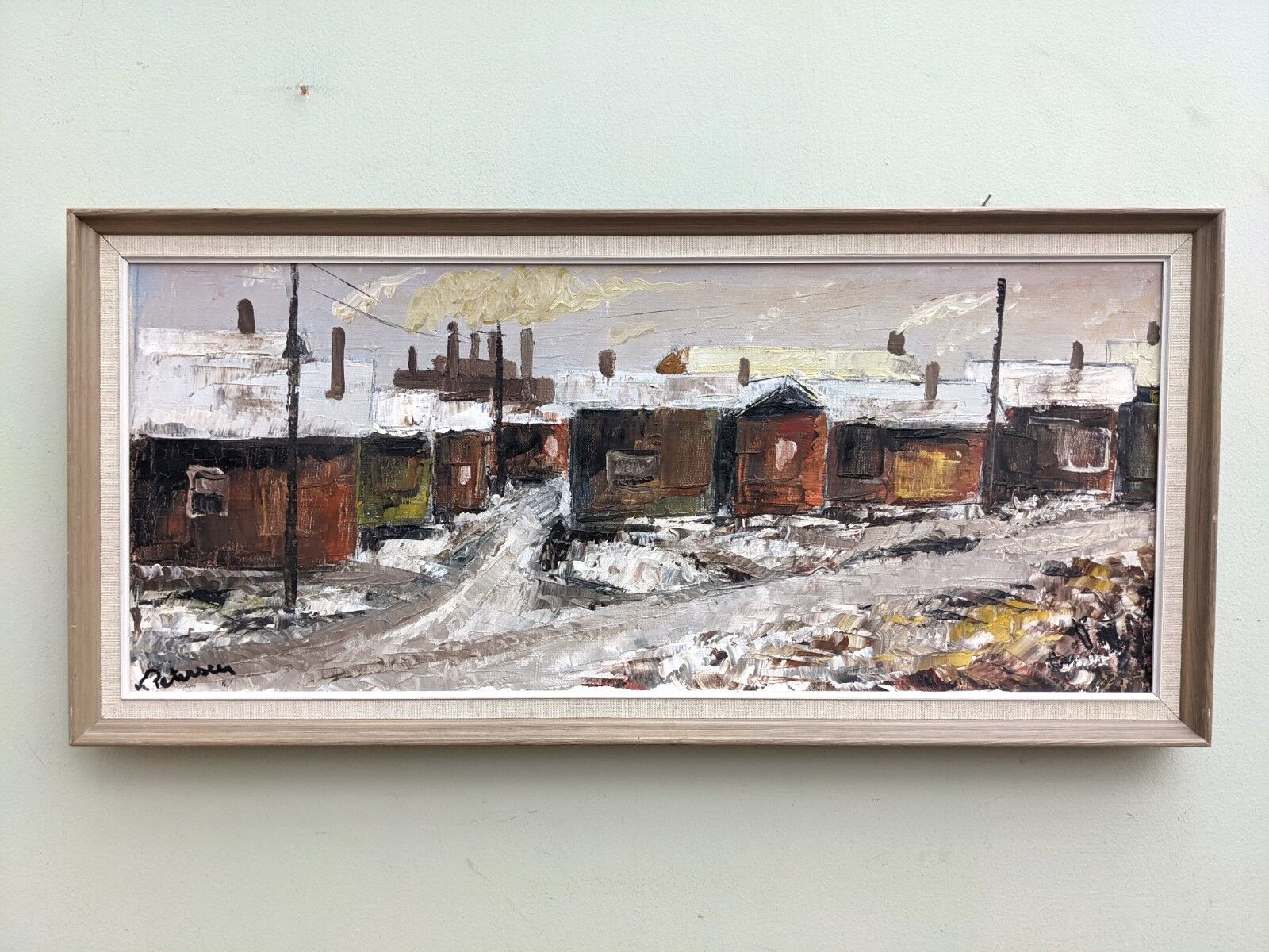 Mid-Century Modern Swedish "Chimneys" Vintage Winter Street Scene Oil Painting, Framed