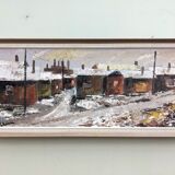 Mid-Century Modern Swedish "Chimneys" Vintage Winter Street Scene Oil Painting, Framed