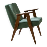 Fauteuil vintage 366 en chêne massif, tissu laine