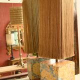 Base stuck blue beige marble-plaster, fringed lampshade Houles, 21st century.