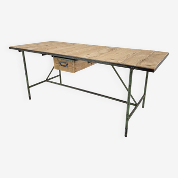 Vintage industrial iron & wood table with drawer