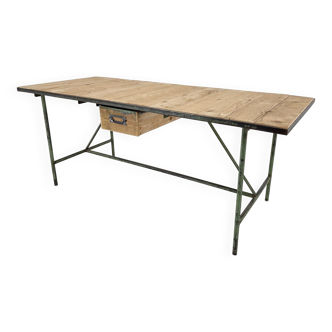 Vintage industrial iron & wood table with drawer