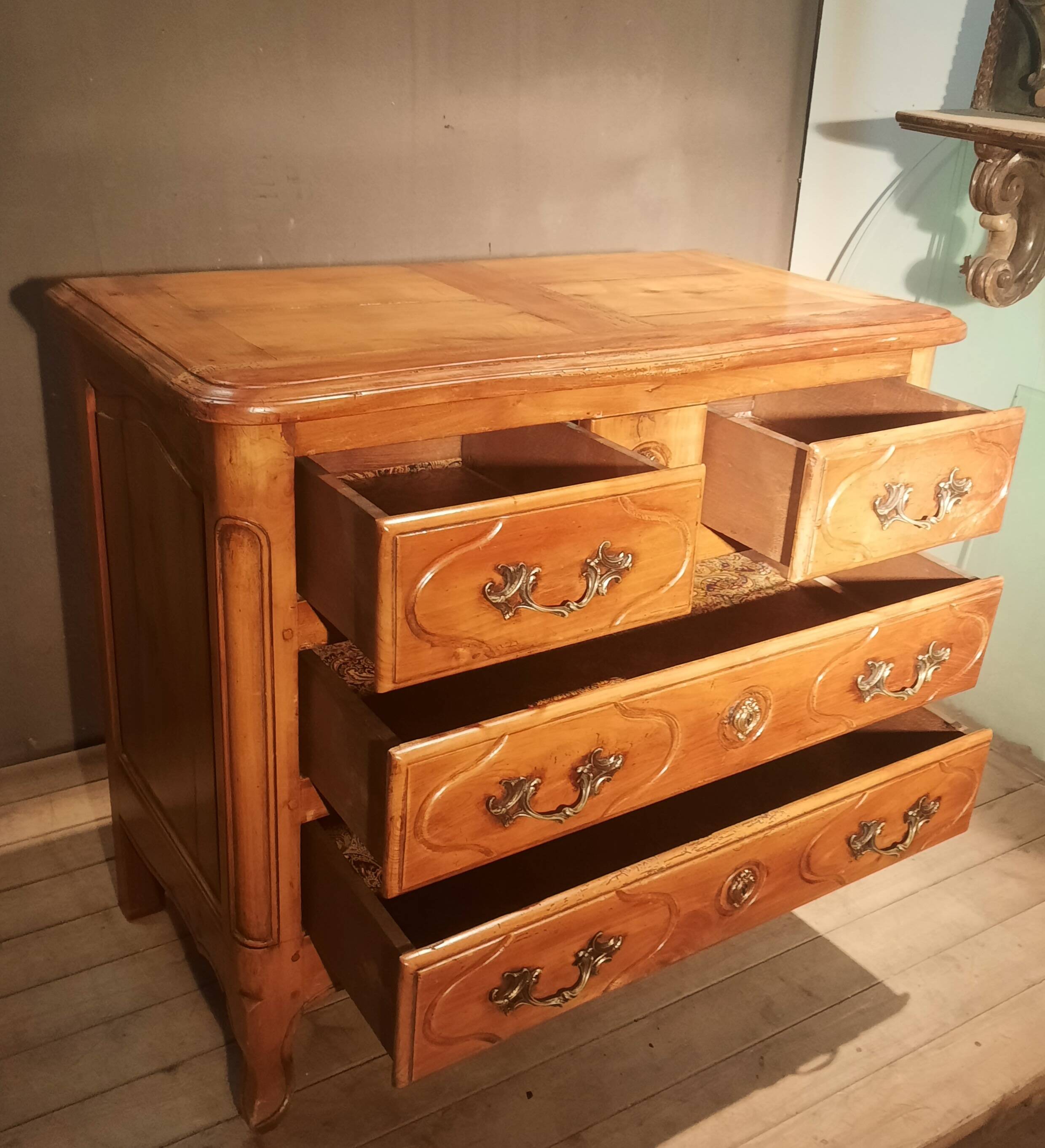 Louis XIV style commode in solid cherry wood.