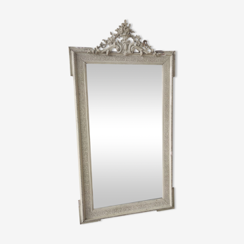 Rectangular mirror in light green lacquered wood with pediment H:1m39