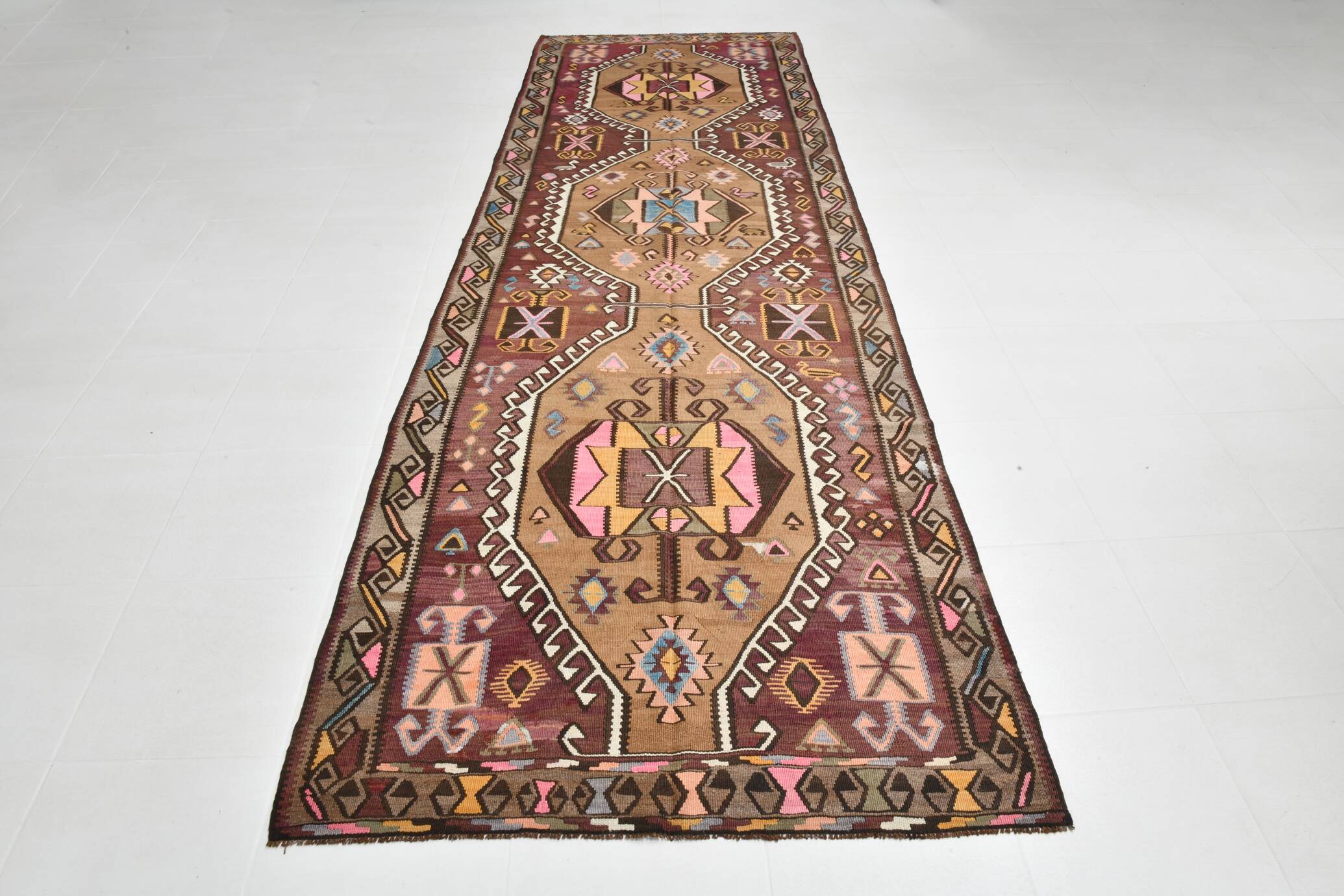 4x13 Kilim Long Wide Brown Handmade Turkish Kilim Runner Rug, 131x404 Cm