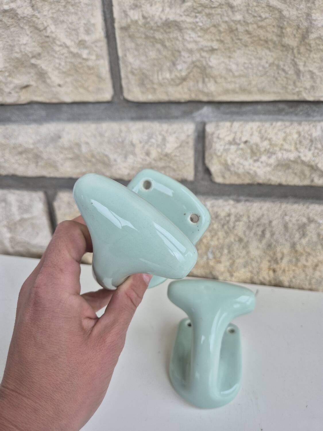 Set of two Green Porcelain Coat Hooks