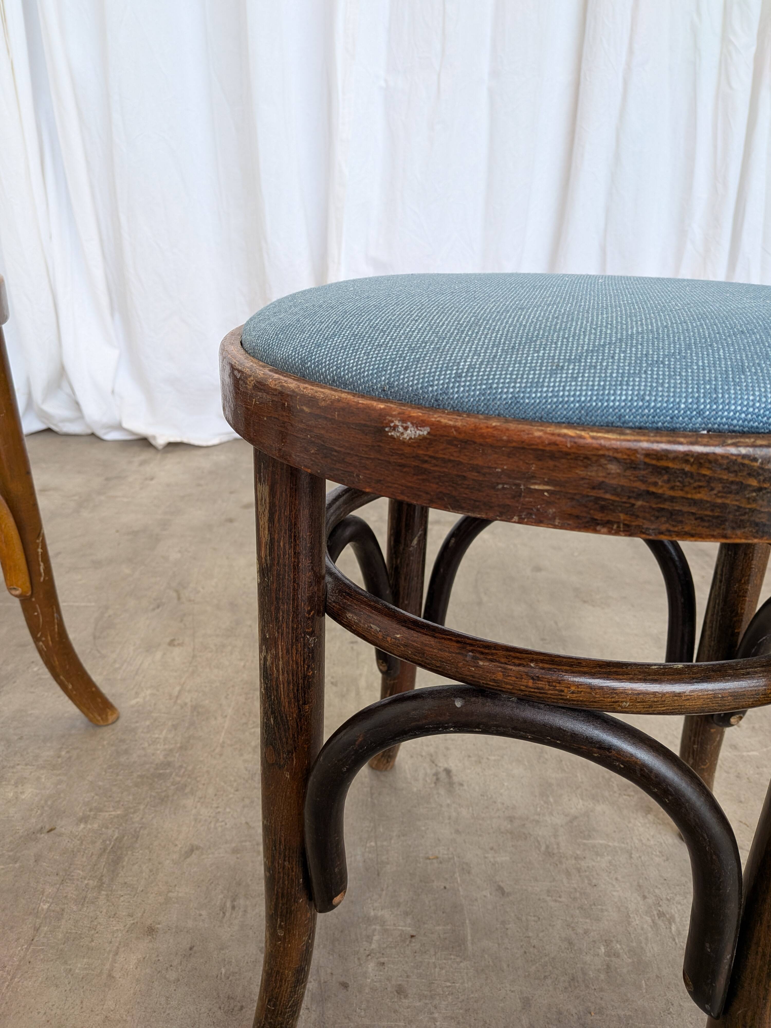 Pair of Vintage Bentwood Stools / Thonet Style / Upholstered Seat in Blue