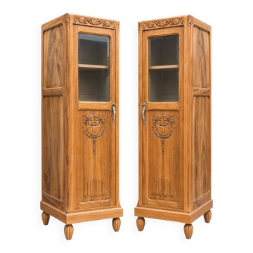Rare paire de colonnes vitrées Art déco en noyer massif – rénovées