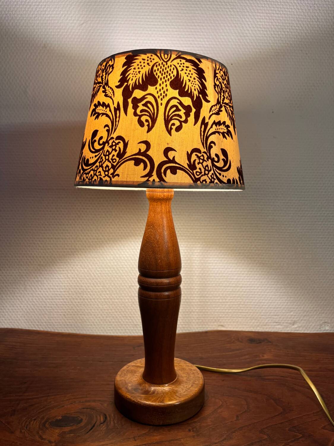 Solid wood table lamp with baroque shade from the 70s