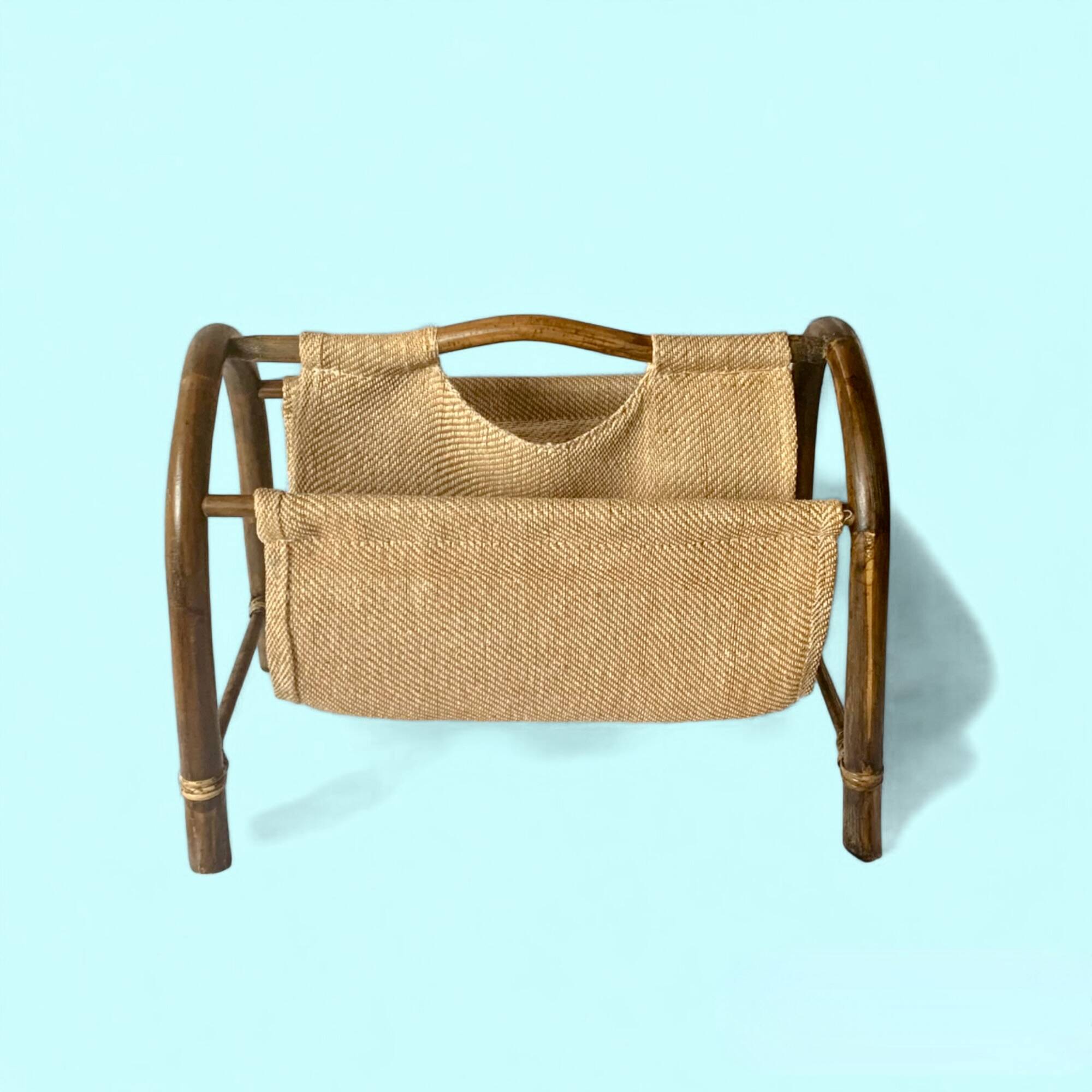 Vintage bamboo and fabric magazine rack