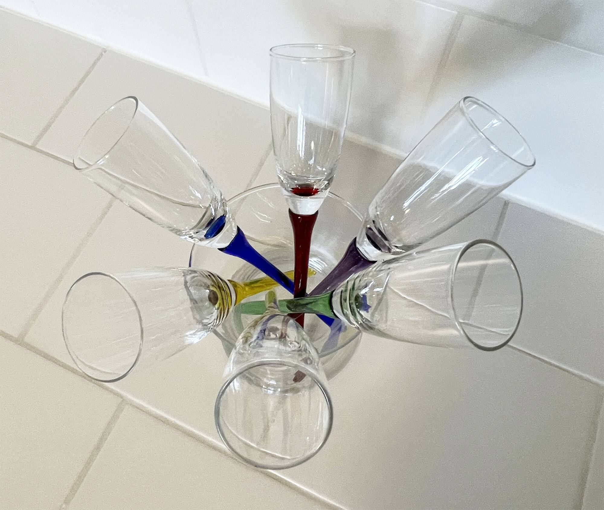 Set of 6 Vintage Champagne Flutes with Stand, German Handblown Glass