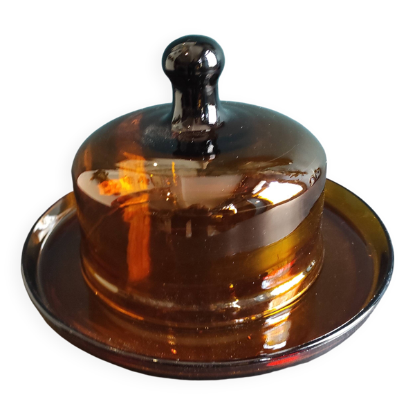 Plat à fromage vintage en verre ambré français