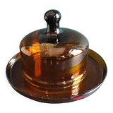 Plat à fromage vintage en verre ambré français