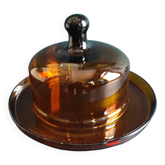 French vintage amber glass cheese dish