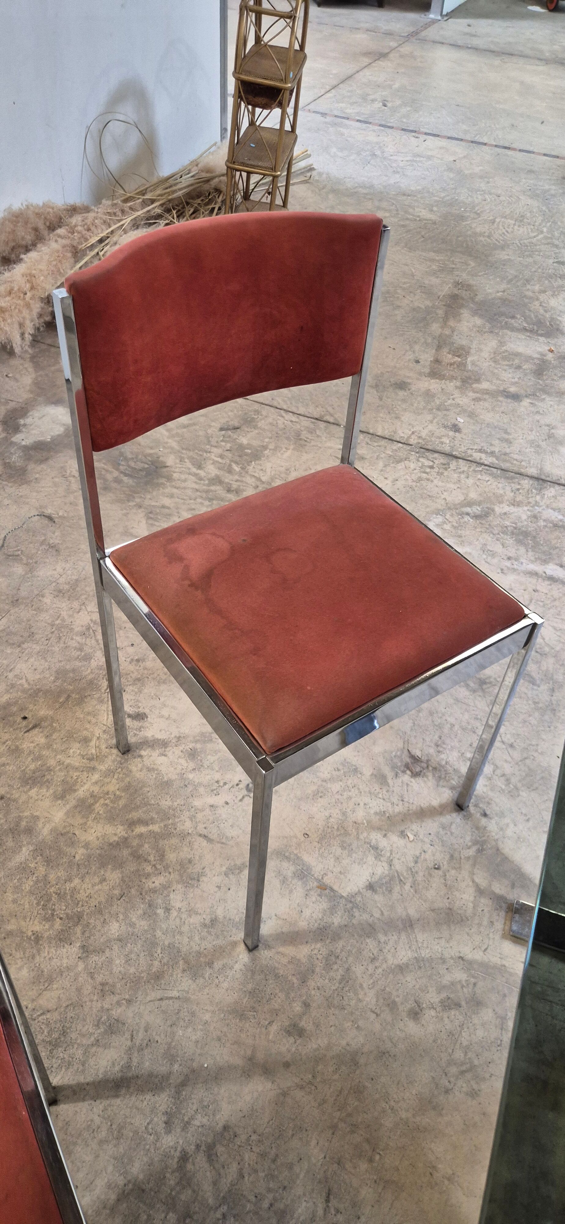 Dining room table + 4 stainless steel and smoked glass chairs 1970