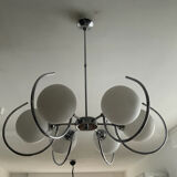 Art Deco chandelier with 6 lights in opaline glass and chrome metal.