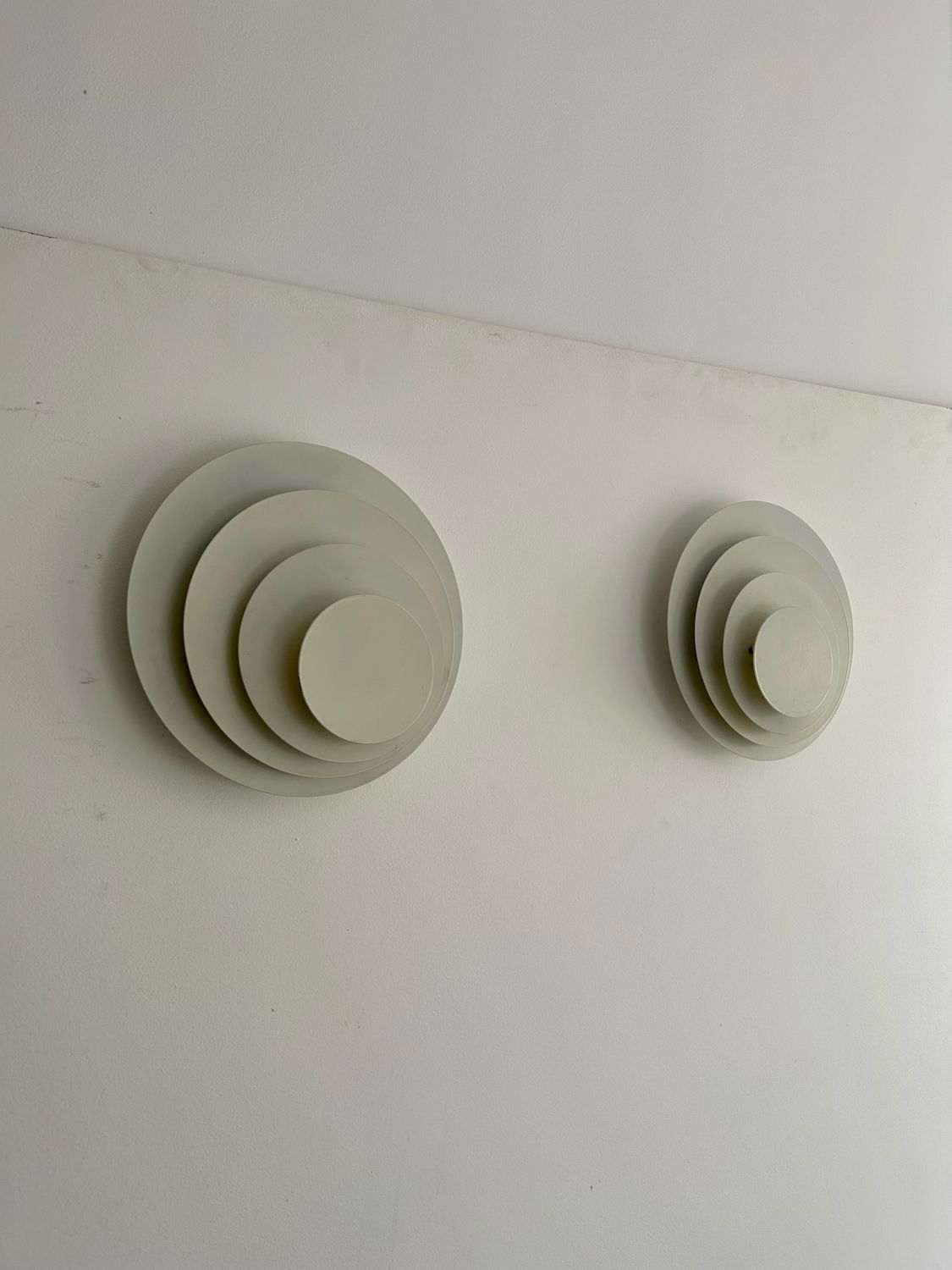 Pair of geometric vintage wall lamps, white lacquered metal, Germany 1970
