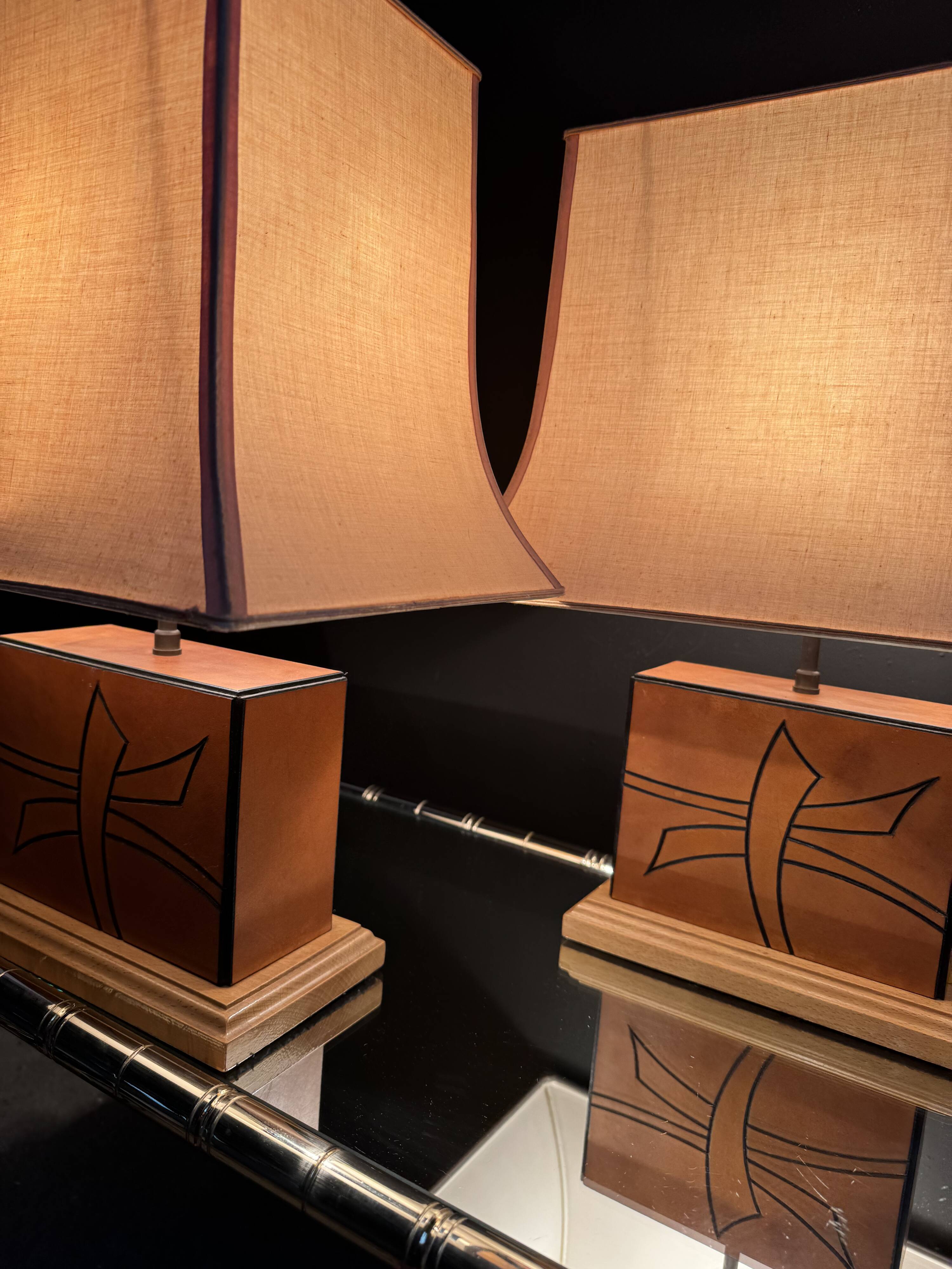 70s leather and wood pagoda lamps