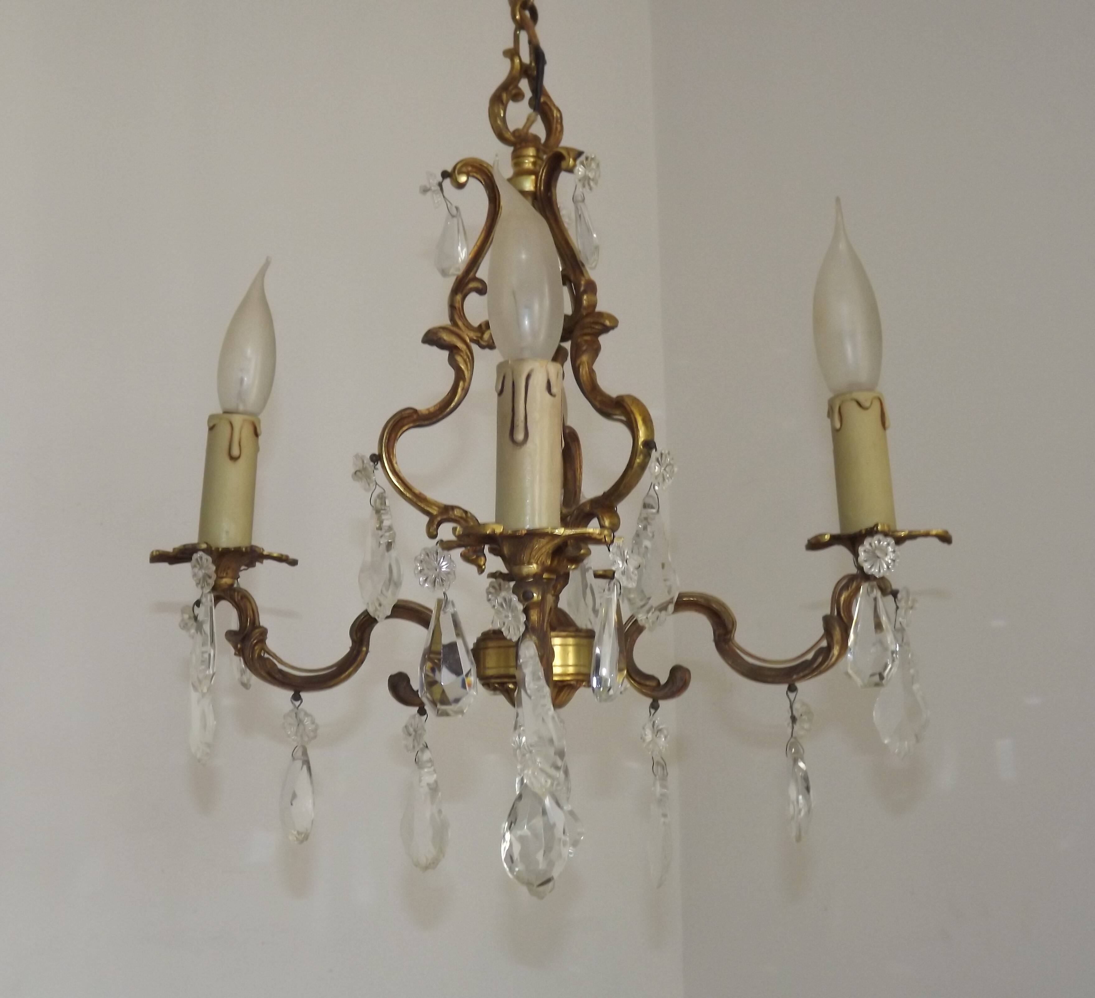 French Antique Art Nouveau 4 Light 3 Side Brass Crystal Cage Chandelier