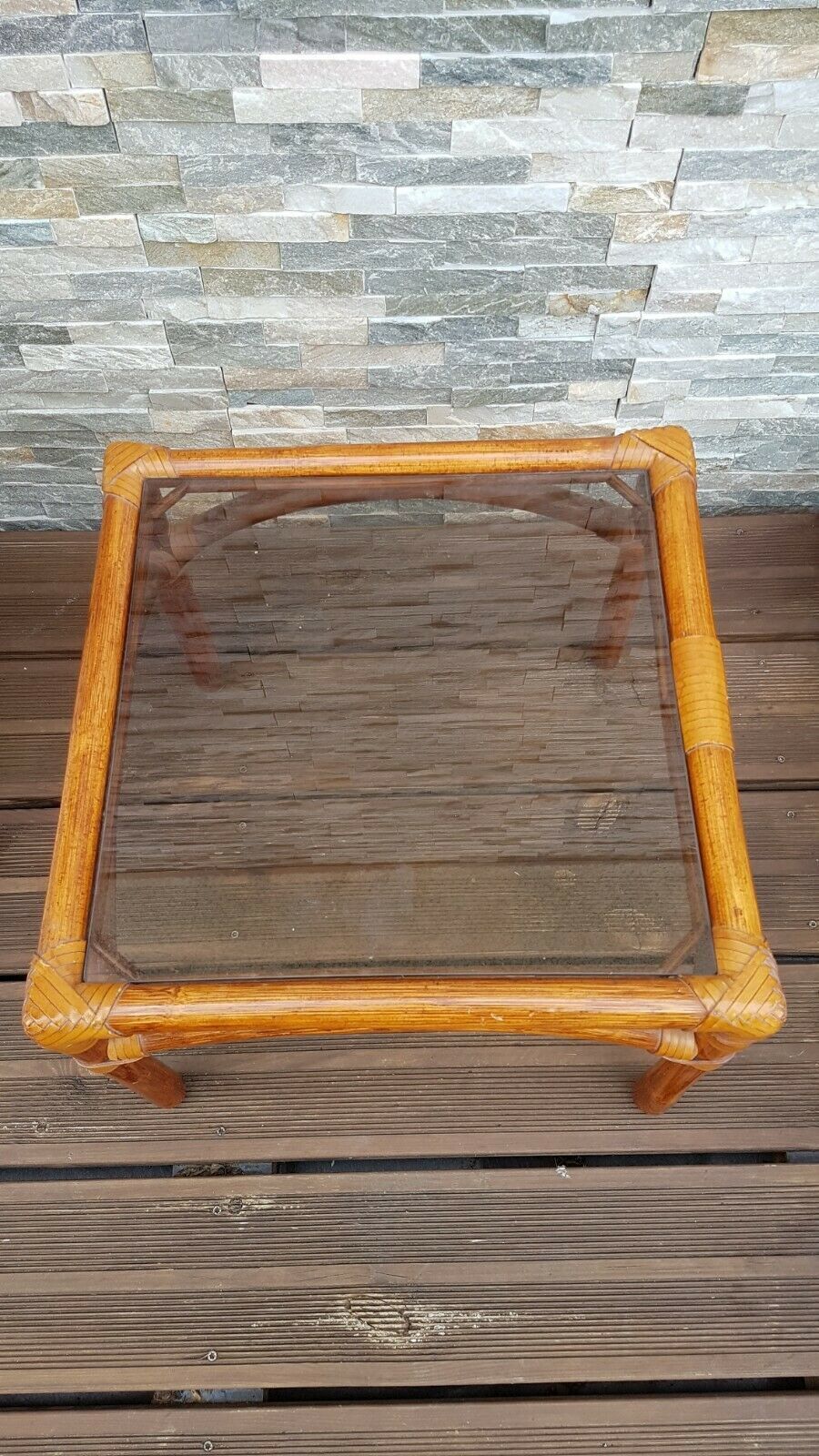 Vintage smoked glass wicker tray coffee table