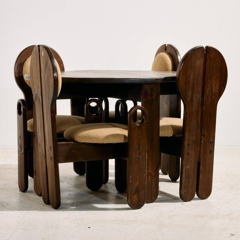 Hungarian Pine Dining Set by Mária Szedleczky, 1970s, Set of 5