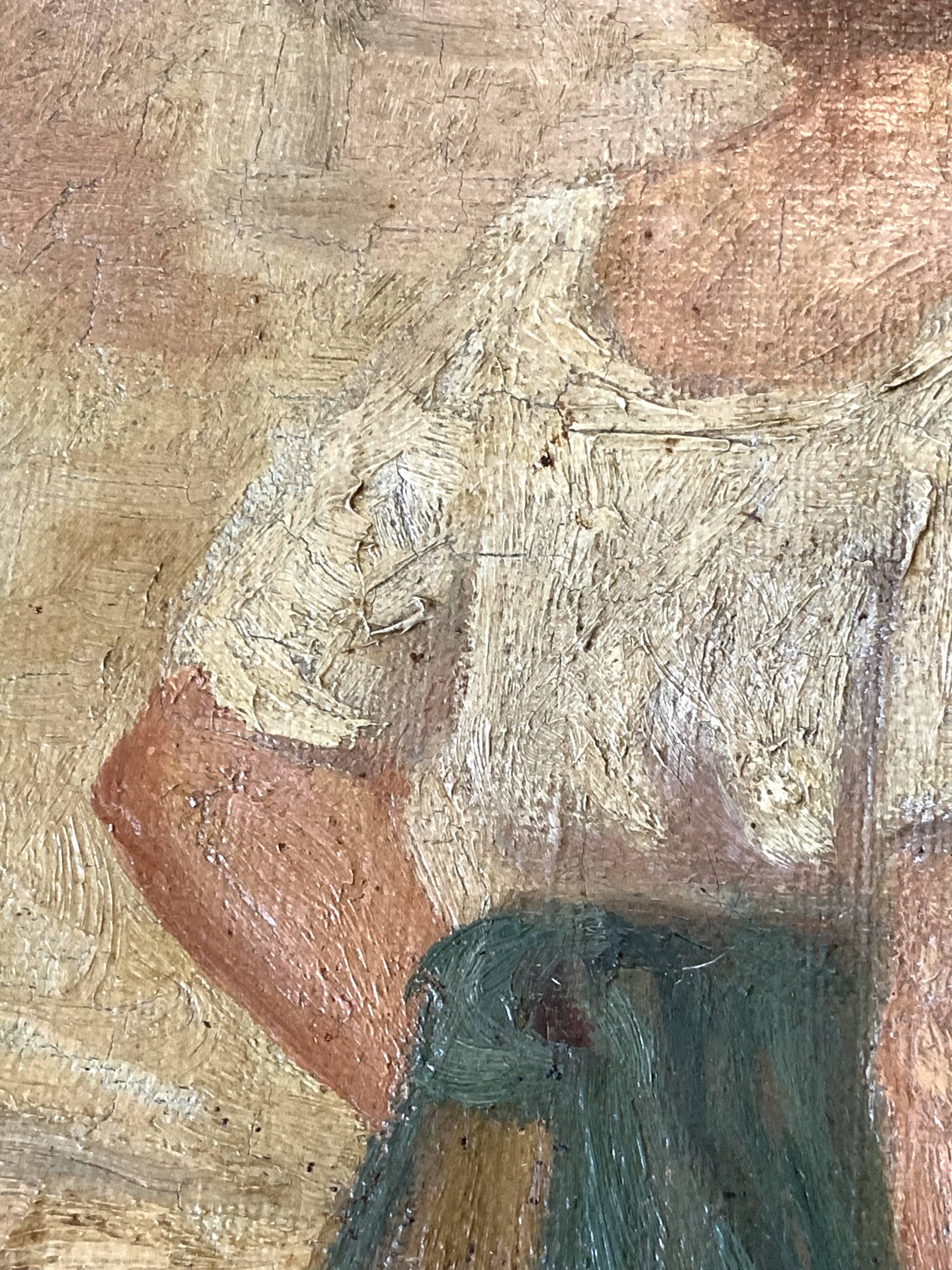 Cécile Van Moé. 19th Century Charming oil on canvas presenting a young woman near a well.