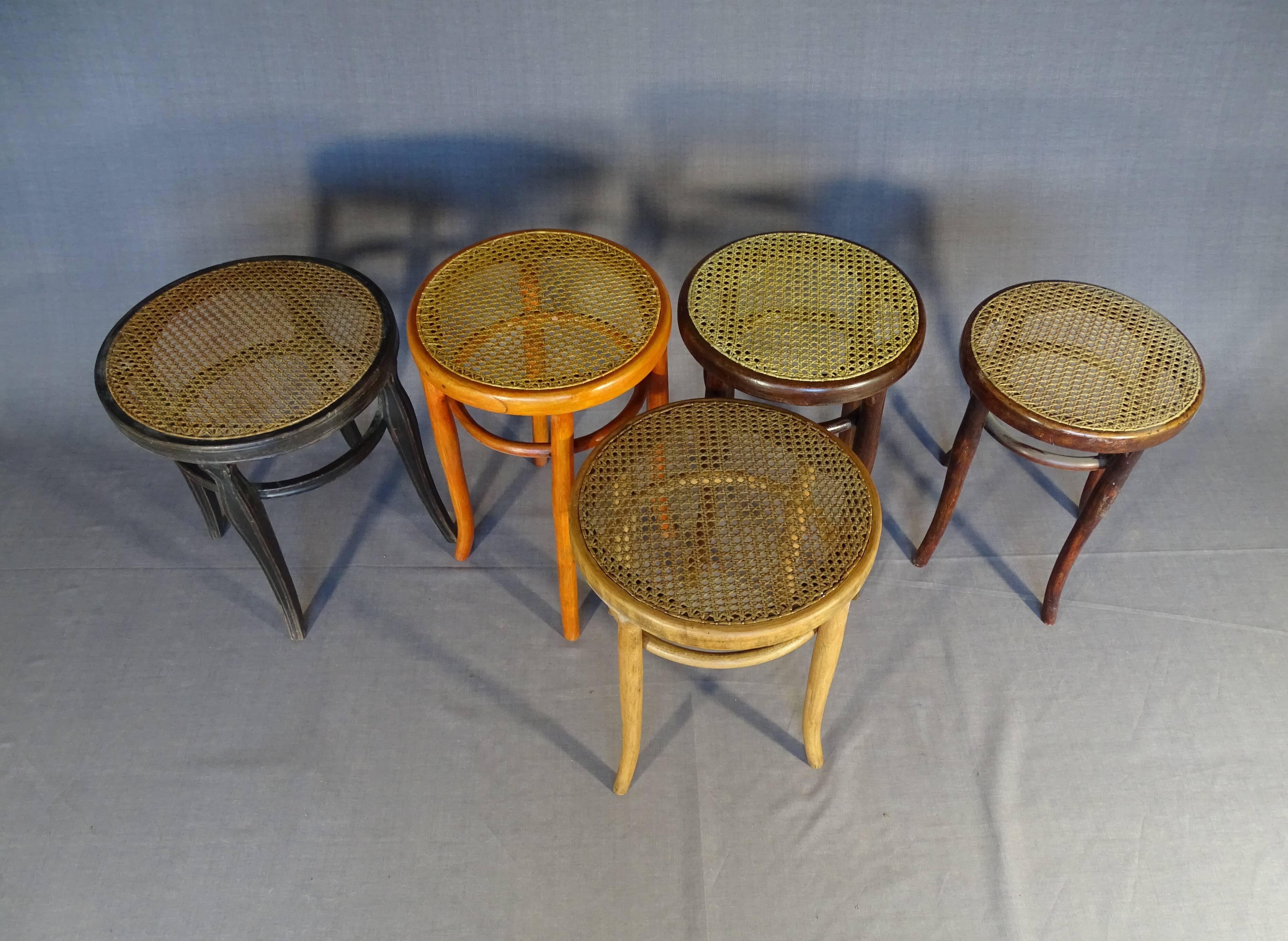 5 bistro stools with caned seats, Thonet, Baumann, 1890 to 1930
