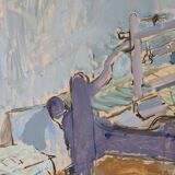 Peinture à l’huile suédoise vintage « The Loom » du milieu du siècle, figure dans un intérieur
