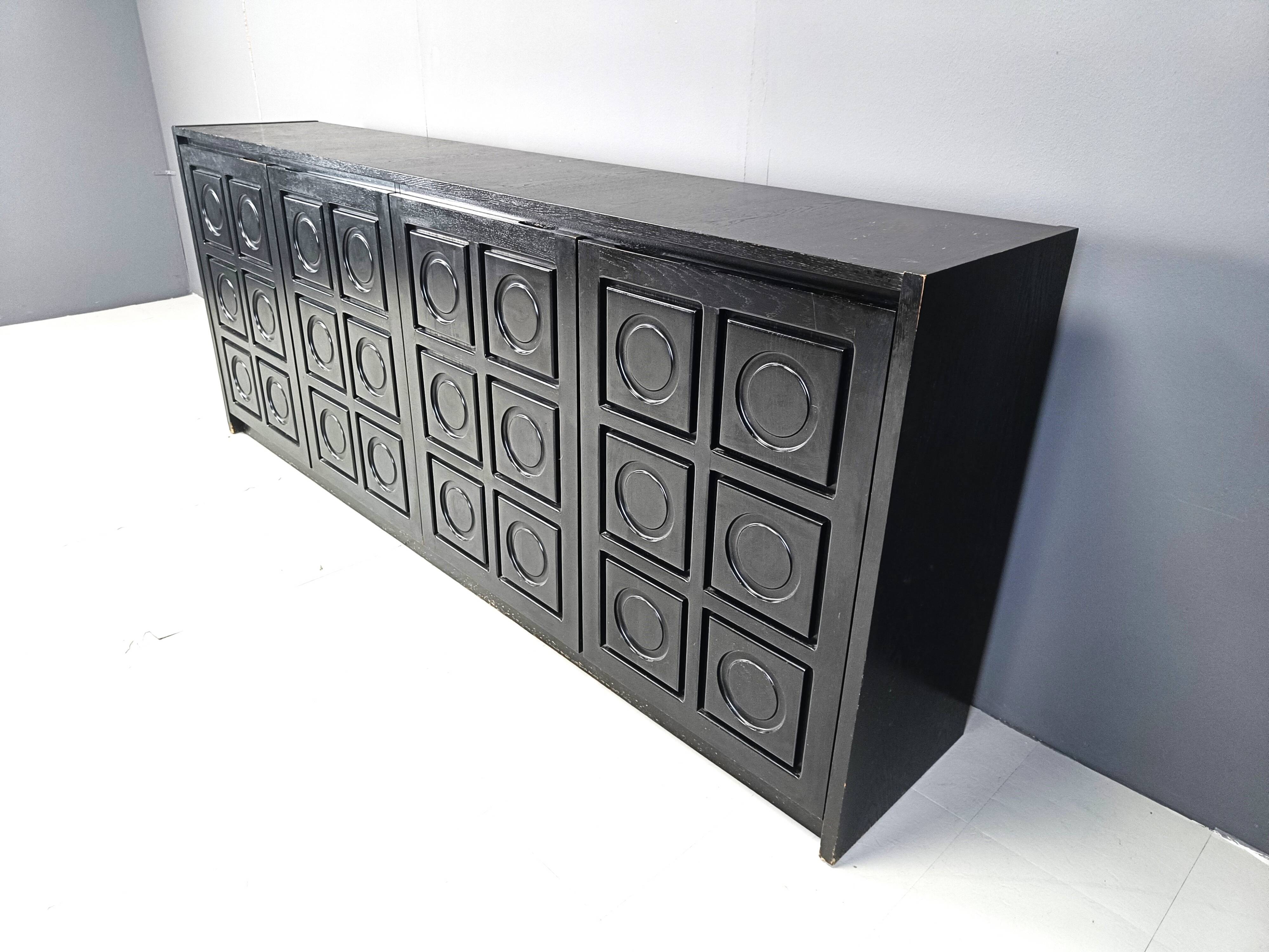 Black brutalist credenza, 1970s - vintage brutalist credenza - graphical brutalist credenza