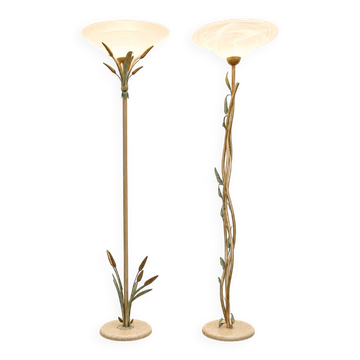 2 x floor lamp / botanic / floral metal decoration / 1970s