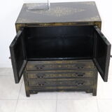 Black lacquered Chinese buffet with stone and ivory figures