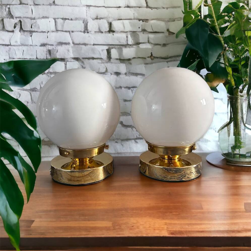 Set of two white opaline ball wall lights