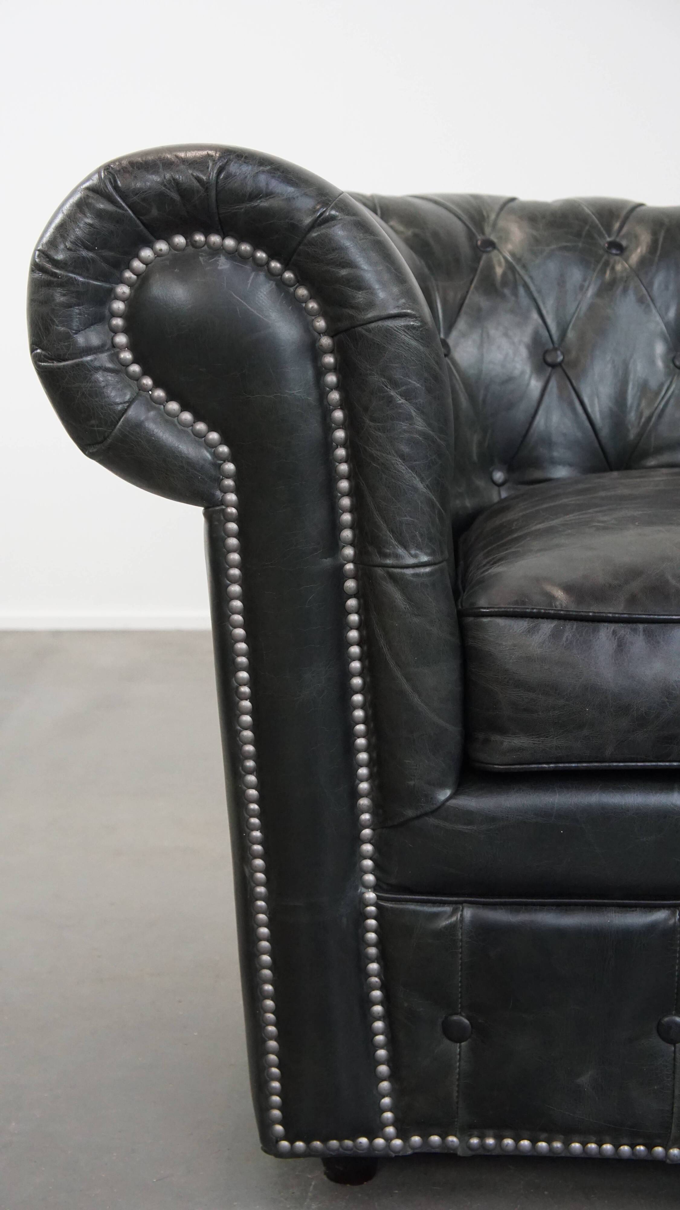 Black Chesterfield armchair made of grained cowhide leather