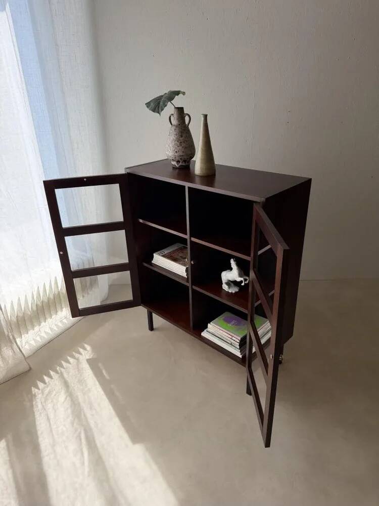Mid-century display cabinet dark wood glass