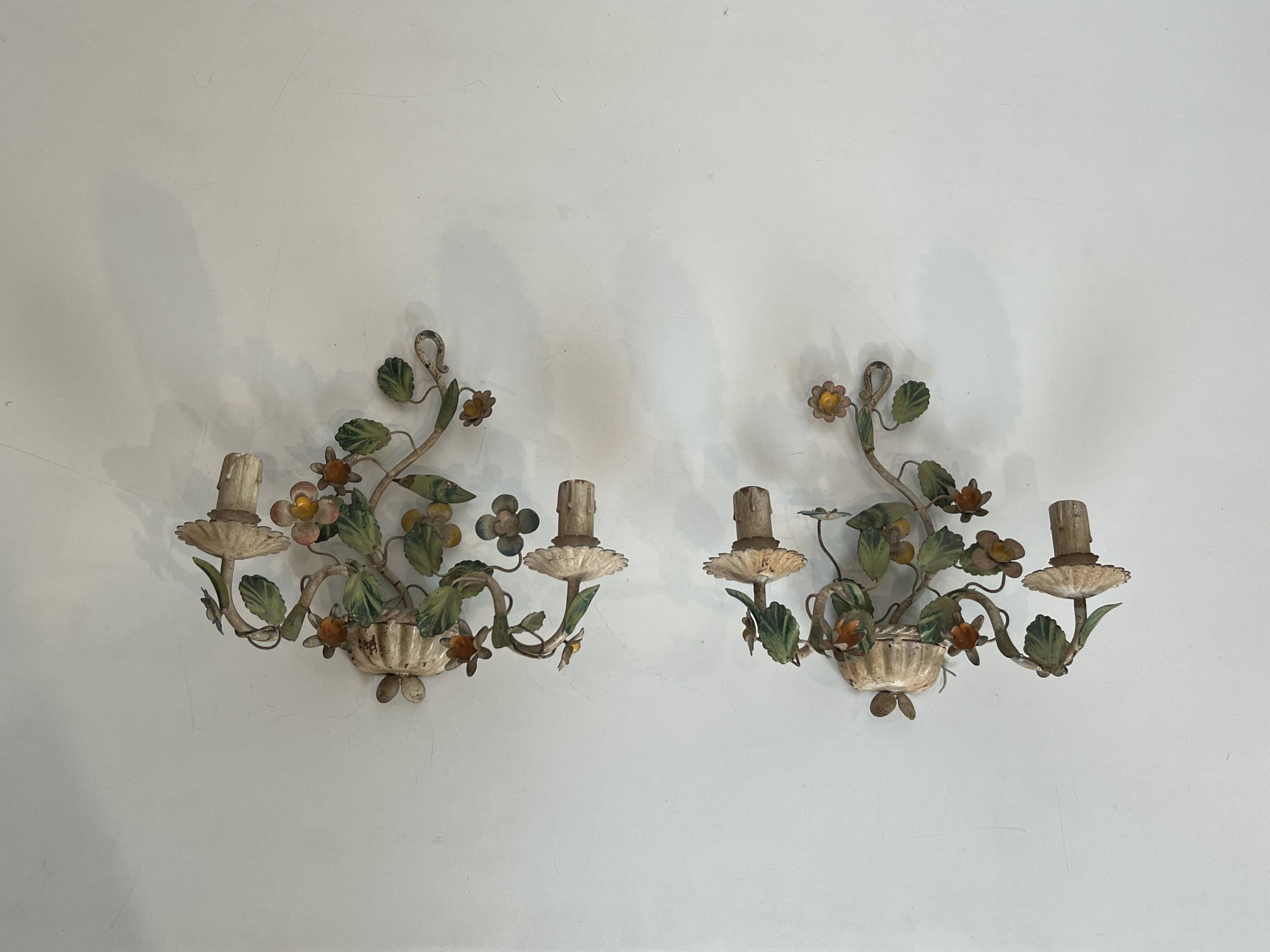 Pair of Wall Lights with Floral Basket in Painted Sheet Metal. Italian Work. Circa 19.