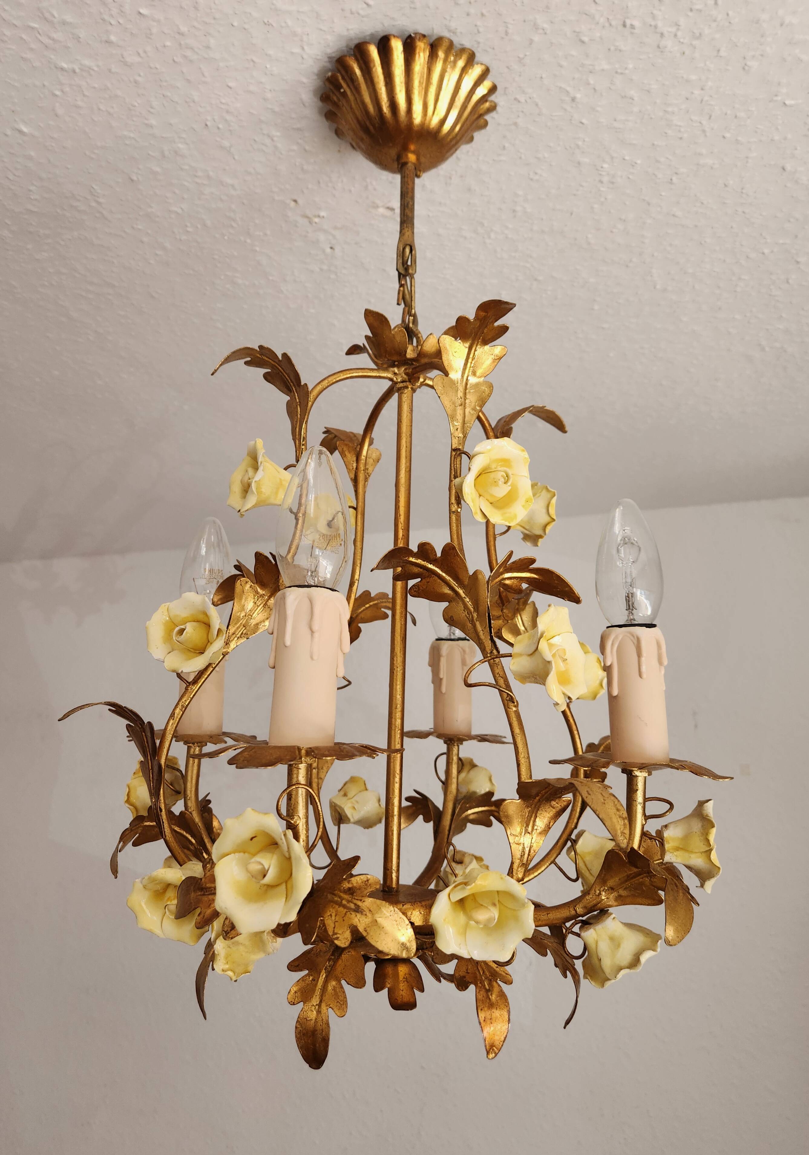 Vintage gilded hand-forged Florentine ceiling light with porcelain roses.
