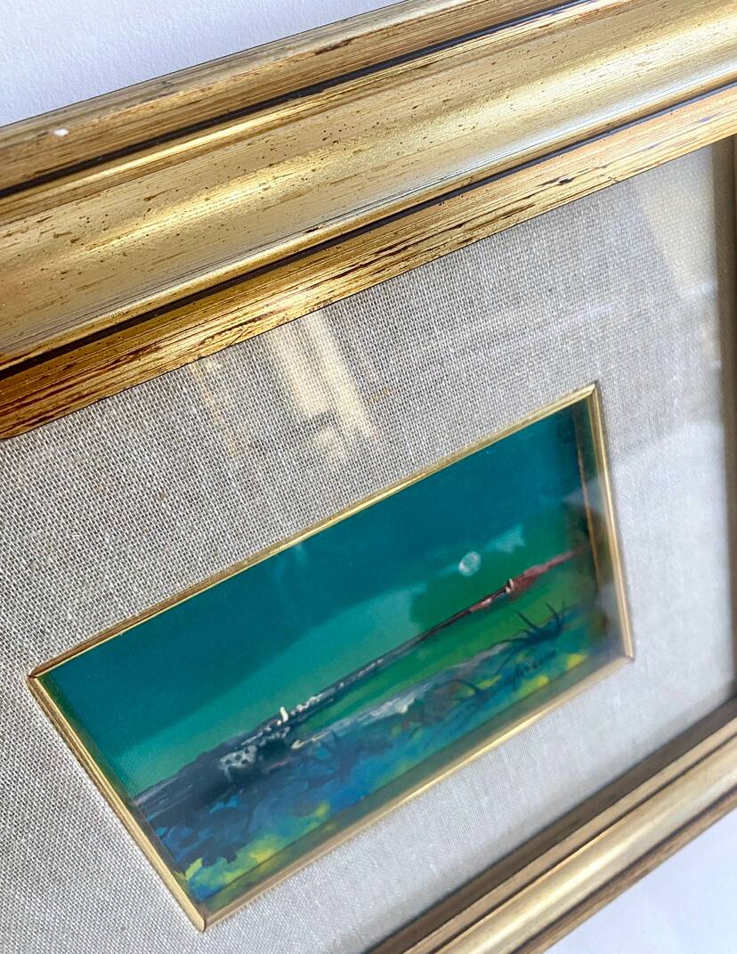 Huile 1990 sous verre cadre bois