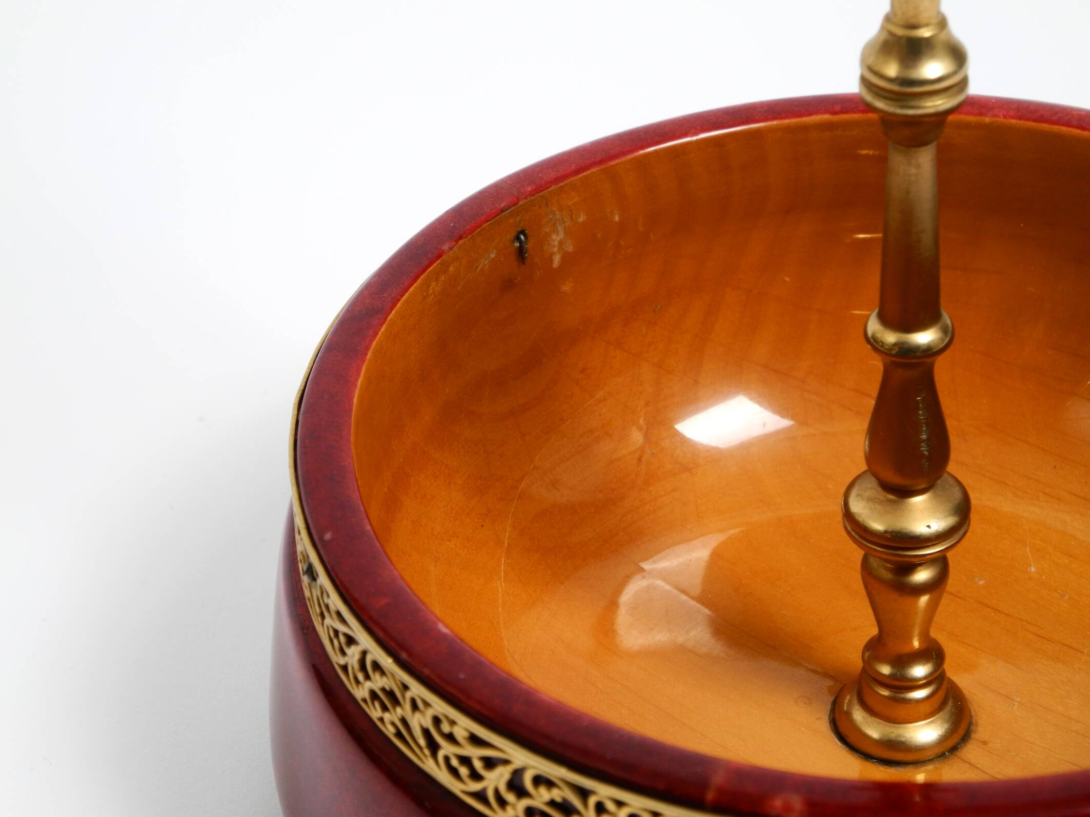 Beautiful 1960s nut bowl by Aldo Tura made of red goatskin and brass
