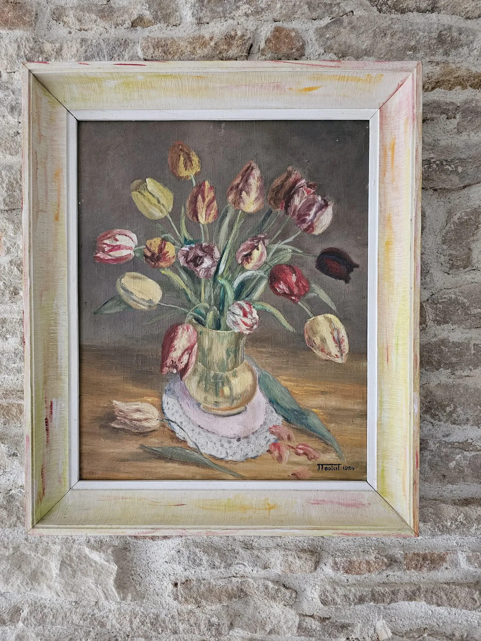 Oil on Canvas Still Life Flowers Bouquet Tulips Signed J. Testut
