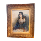 Tableau jeune femme au chalet bleu