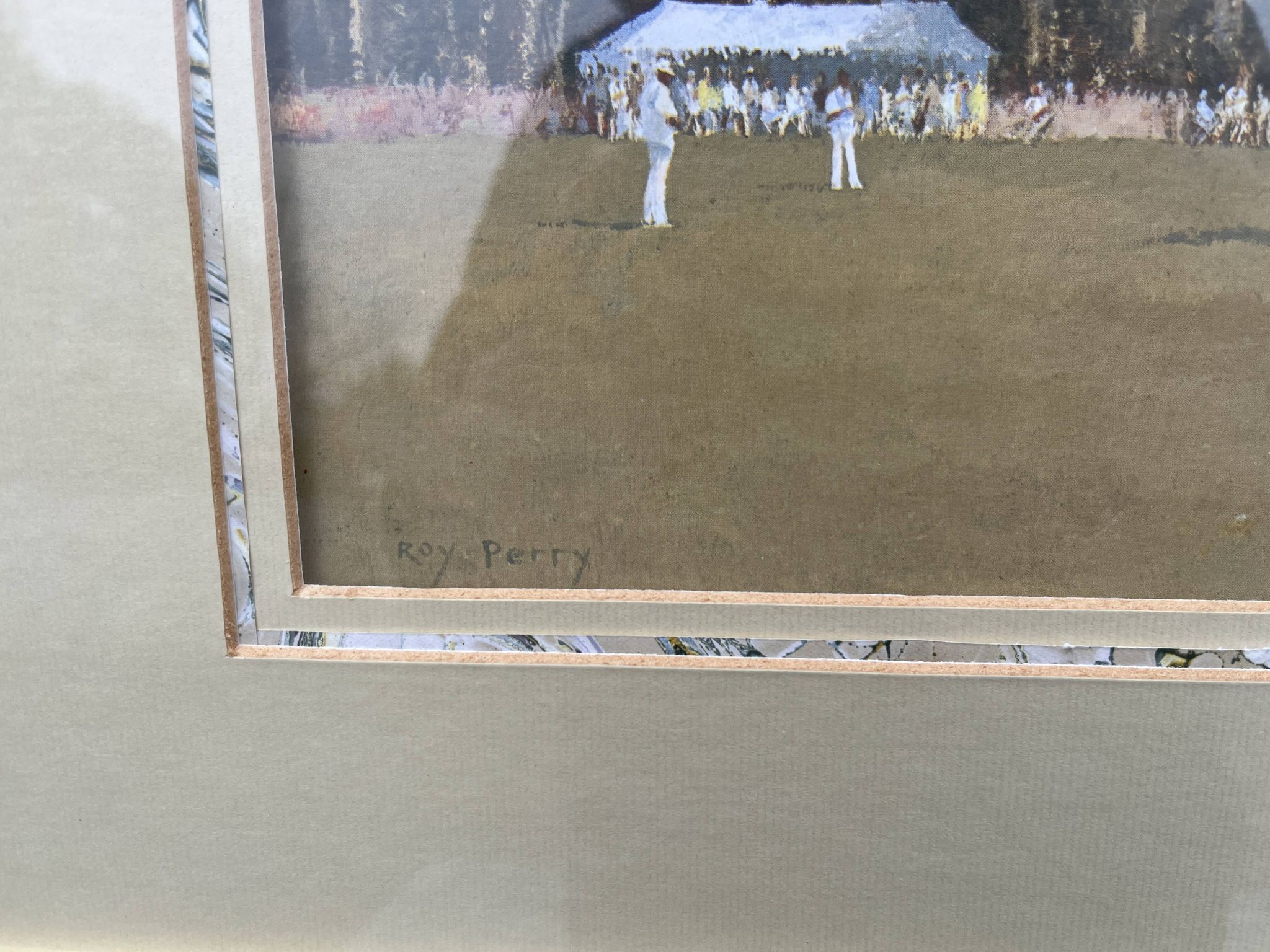 Gouache scène anglaise de cricket par Roy Perry