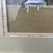 Gouache scène anglaise de cricket par Roy Perry