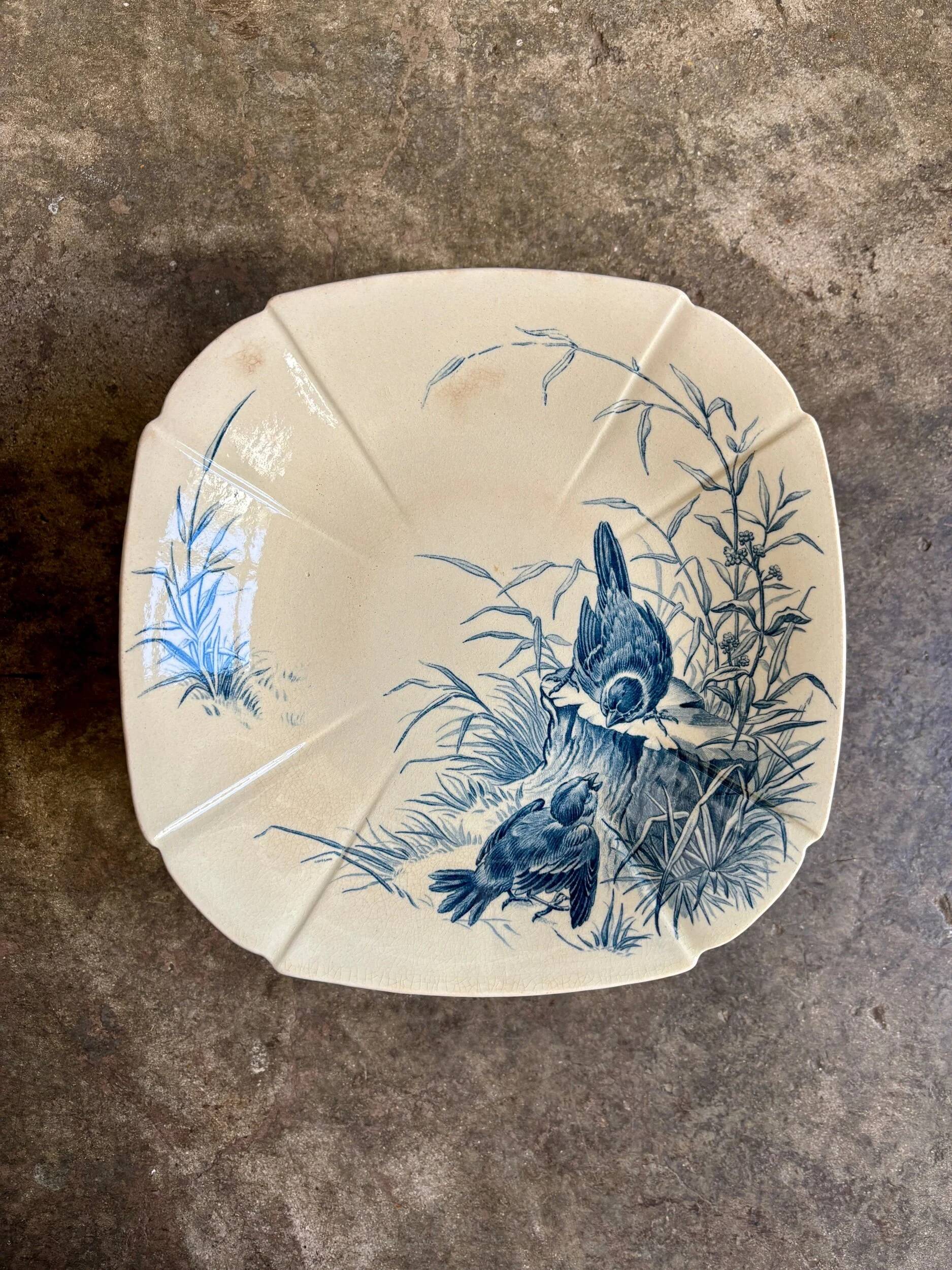 Large compote dish Gien in blue ironstone, "Birds" service around 1870.