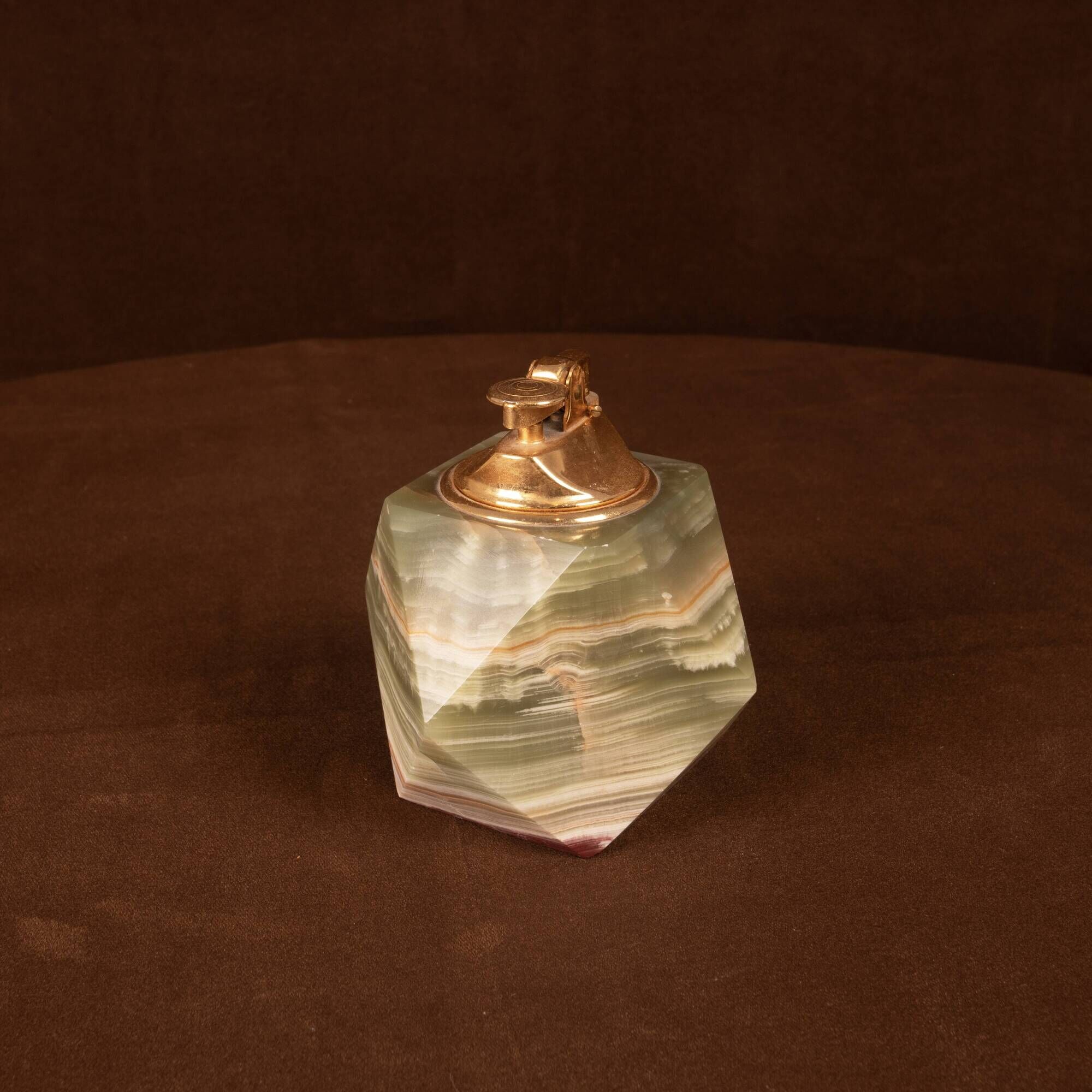 Italian Geometric Green Onyx and Brass Table Lighter, 1970