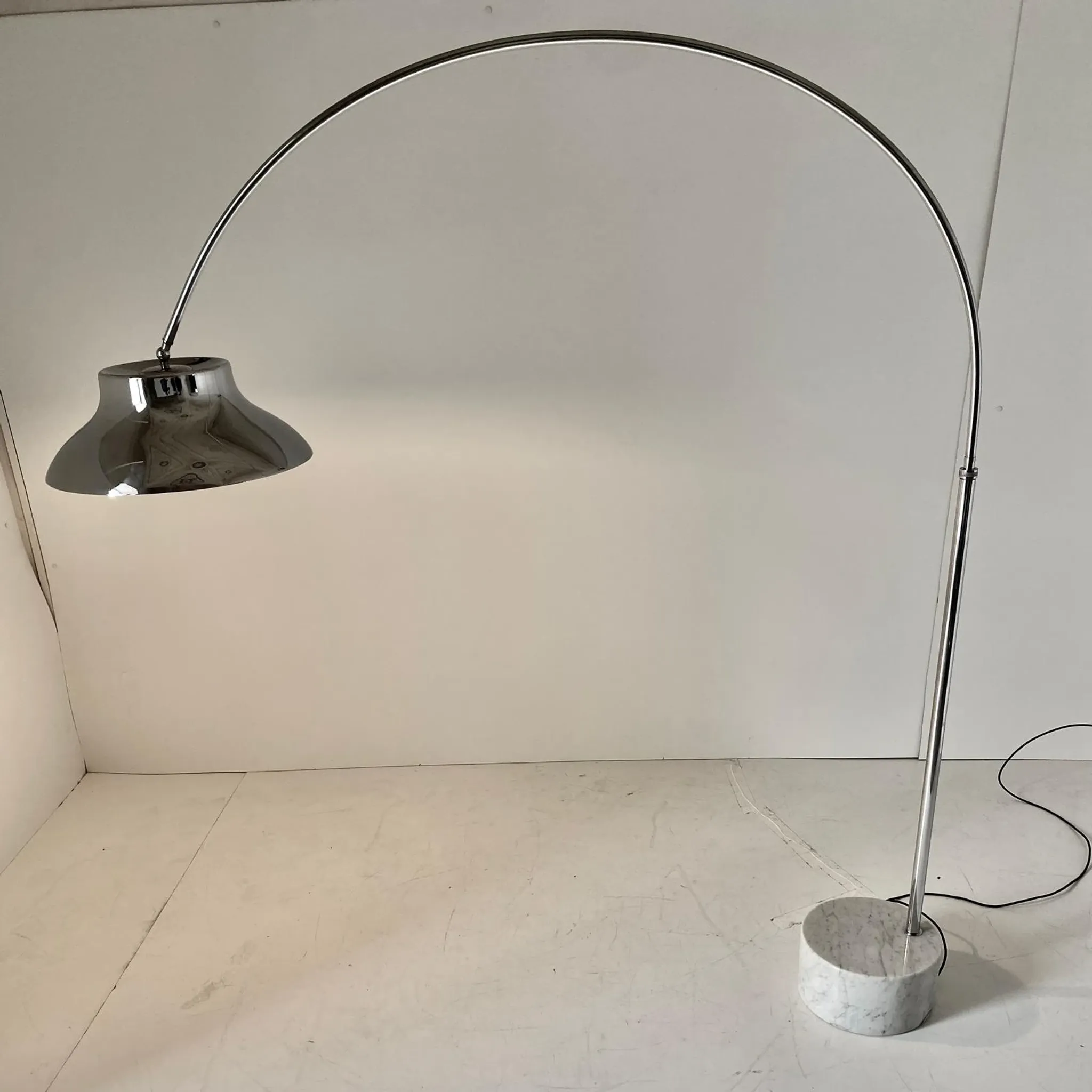 Sculptural Italian Space Age XL Chrome Arc Floor Lamp with Carrara Marble B